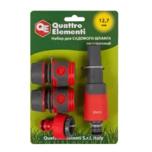 Набор поливочный QUATTRO ELEMENTI 4 предмета. Соединитель 1/2"-2 шт., штуцер 1/2" и 3/4", насадка поливочная, мягкий пластик, аквастоп