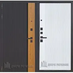 Дверь мет. ДВЕРИ РЕГИОНОВ Страж К-14 860х2050 "Пр" Черная шагрень, Вставка Орех каньон коньяк /Bianco AG 700